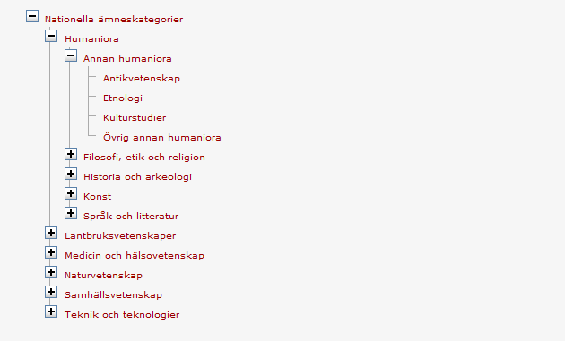 10. Nationell ämneskategori: Välj ämneskategori genom att klicka på knappen och därefter antingen söka