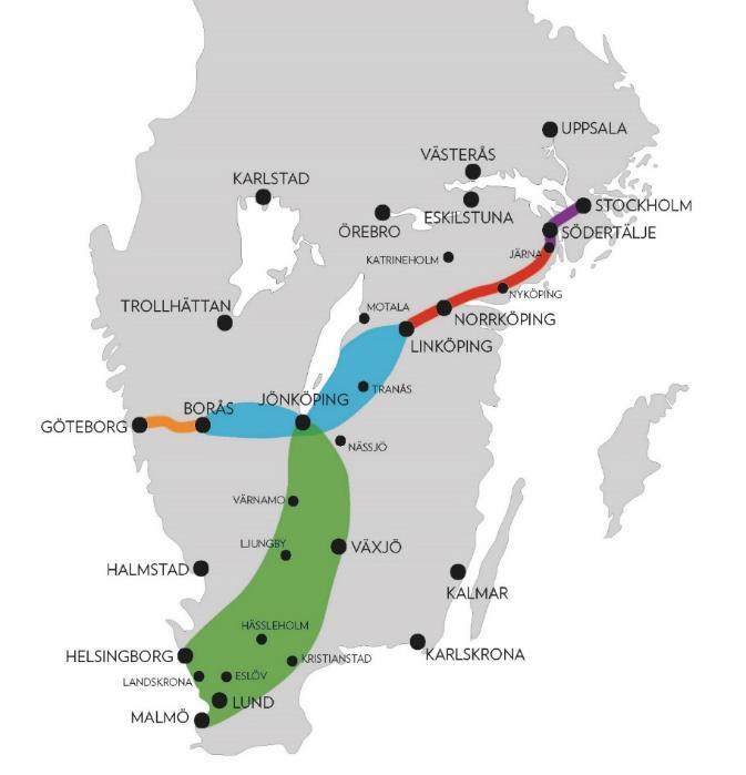 Stora behov av att öka kapaciteten på järnvägen i södra Sverige Höghastighetsjärnvägen avlastar Västra och Södra stambanorna Planeras för höghastighetståg