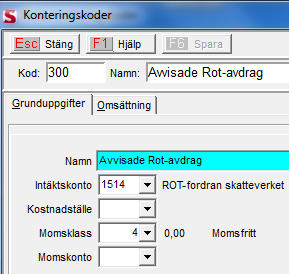 E. Nya Konteringskoder Gå in under Register/Firma/Konteringskoder. Se till att nedanstående konteringskoder finns registrerade i din lista.