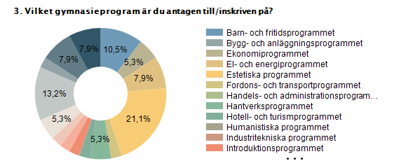 Barn- och fritidsprogrammet 10,5% 4 Bygg- och anläggningsprogrammet 0% 0 Ekonomiprogrammet 5,3% 2 El- och energiprogrammet 7,9% 3 Estetiska programmet 21,1% 8 Fordons- och transportprogrammet 2,6% 1