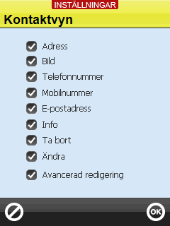 3 Inställningar För att ändra inställningar för Kontakter ska man gå till Inställningar. För att komma till Inställningar trycker man knappkombinationen, se Handboken. En inställningsmeny visas.