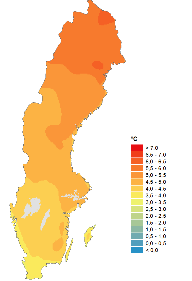 Ökning av årets medeltemperatur mellan