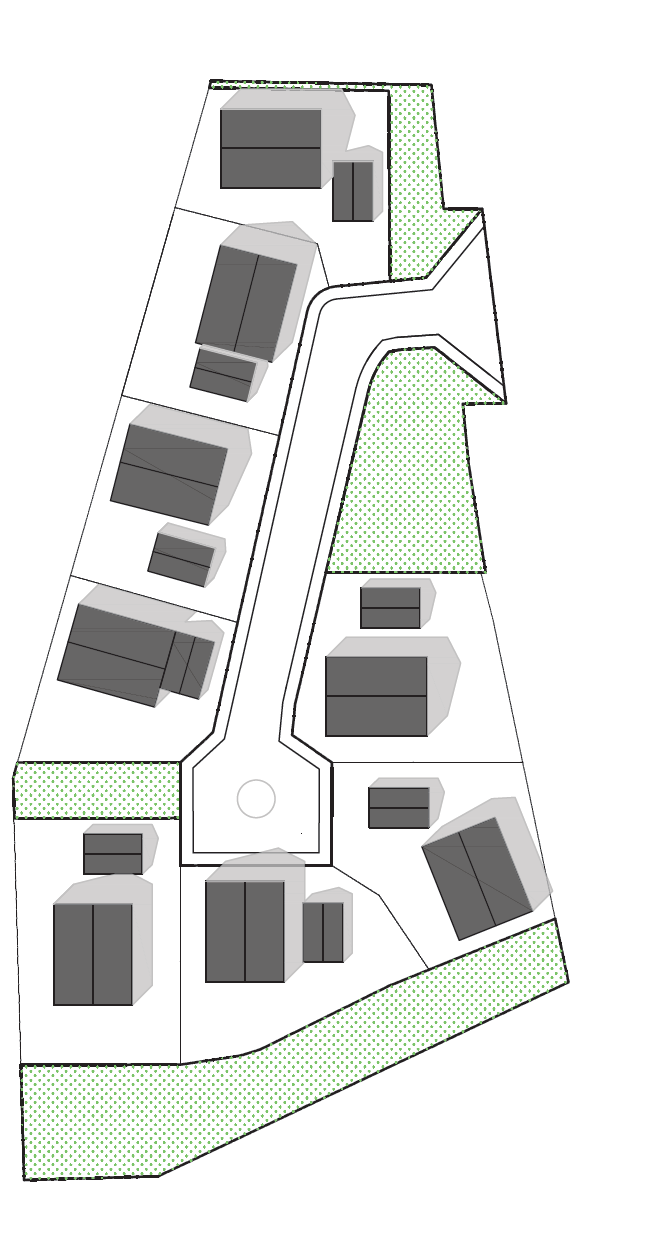 7 BEBYGGELSE Bostäder och exploatering Planförslaget medger enbostadshus i ett plan (BI). Utöver det så är det möjligt att inreda vind (v1), vilket ger så kallade 1,5 plans villor.