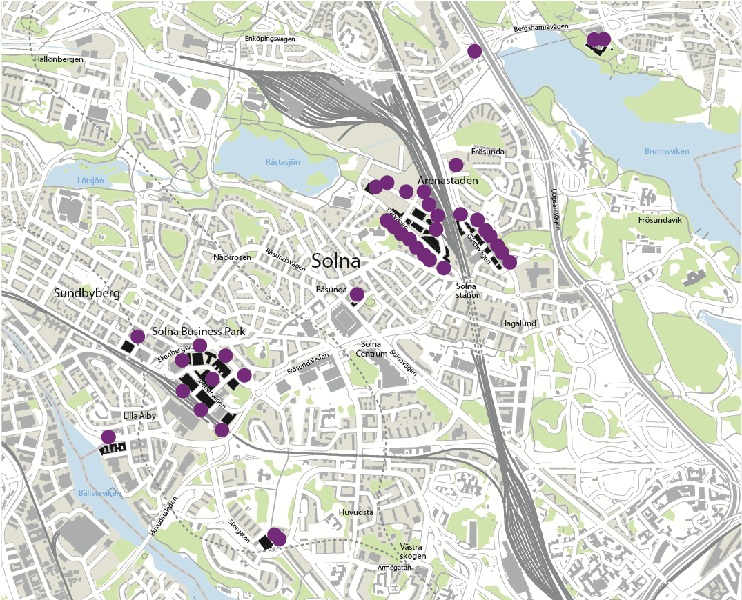 Solna fastighetsvärde 13,1 Mdkr Förvaltning 28 fastigheter 434 000 kvm 10,0 Mdkr fastighetsvärde 0,9 Mdkr hyresvärde Förädling/projekt 10 fastigheter 112