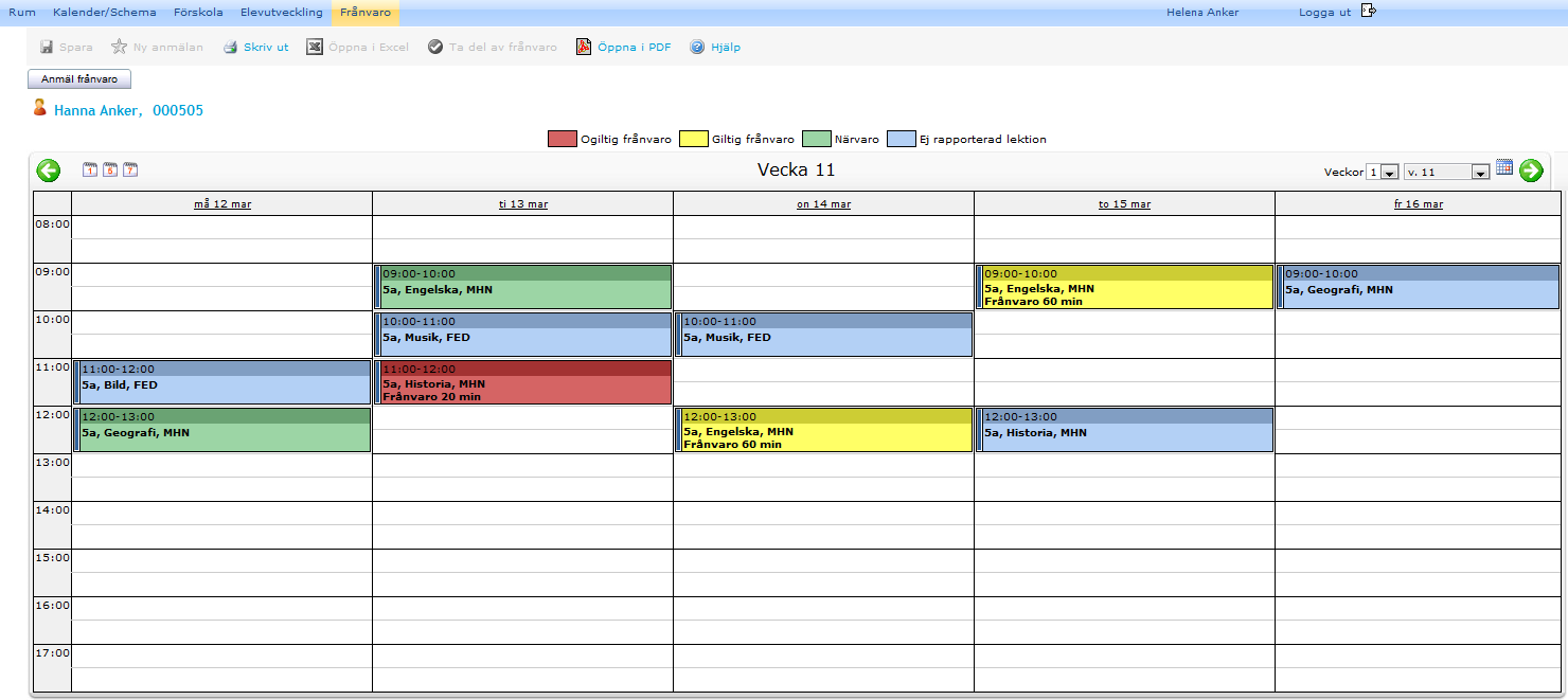 Sida 14/31 Bild 20 Översikt anmälan av frånvaro. 3.3 Visa närvaro/frånvaro Klicka på menyalternativet Visa närvaro/frånvaro för att se närvaro och frånvaro i schemavy.