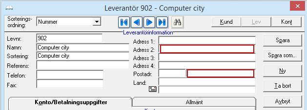 Bild enligt det ursprungliga grundboksutseendet: Leverantörsregister: Nedan beskriver vi de inställningar som görs på leverantörer i menyn Register - Kontakt - Leverantör.