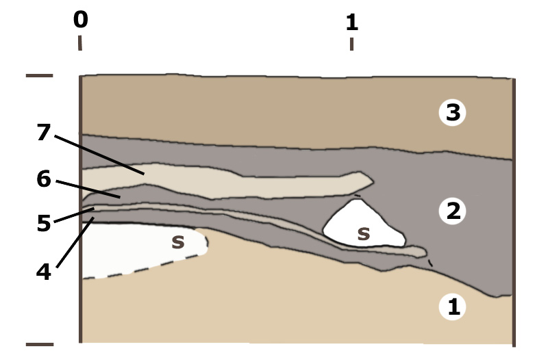 Schakt 1, profil mot öster Schakt 2, profil mot öster 1.Sandig morän 2.Glacial lera 3.Brunt mot gulbrunt, kompakt lager med en del ben mot botten av lagret och inslag av sten. 4.