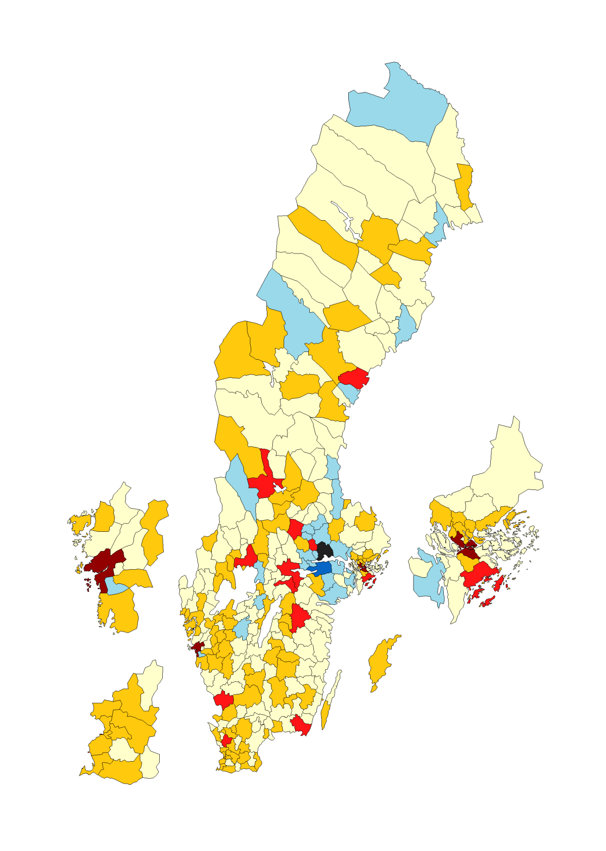Figur 19 Västerås flyttnetto mot övriga kommuner i Sverige (indelat efter storleken på flyttnettot), år 2014 (Blå = Flyttvinst över 10 resp