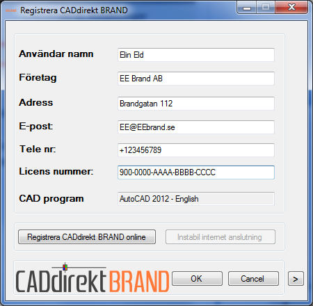 Under perioden för utvärdering kan registrering ske när som hellst. Antingen via denna knapp eller från menyvalet i CAD programmet. Registrering sker i en databas.