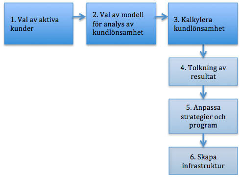 2.2 Implementeringsprocess av en kundlönsamhetsanalys Van Raaij, Vernooij och van Triest (2003) föreslår att man bör följa en implementeringsprocess som består av sex steg när man ska implementera en