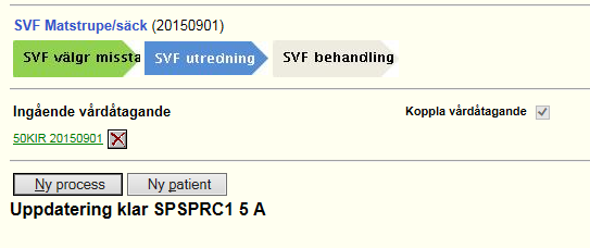 Fortsättning från föregående sida 4. Tryck på Ingående vårdåtagande 5. Ny info i vårdprocessen visas. Om MDK (multidisciplinär konferens) genomförts, fyll i datum och välj kod VB035.