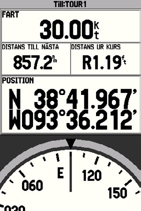 Kompassvy Kompassvyn underlättar navigeringen. Du kan ändra den information som visas i de övre tre fälten.