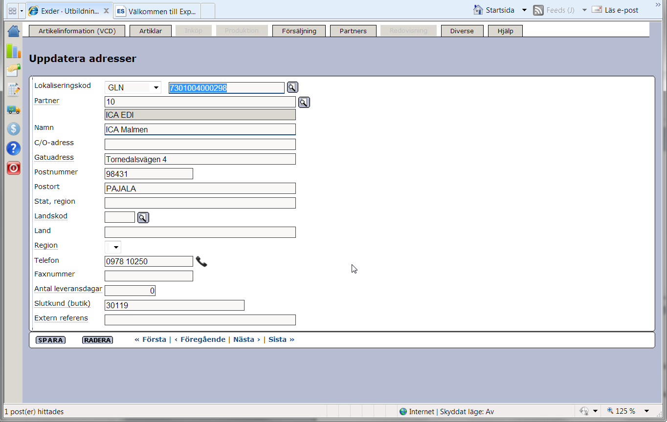 Senast Uppdaterad: 12-02-14 Exder ICA Butikspack Centralt Sida 13 av 27 Här ser ni ett exempel på hur det ser ut när en adress är upplagd i adressregistret.