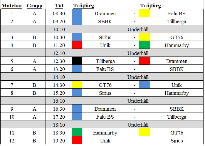 Spelschema lördag 28 november Grupp A Drammen Falu