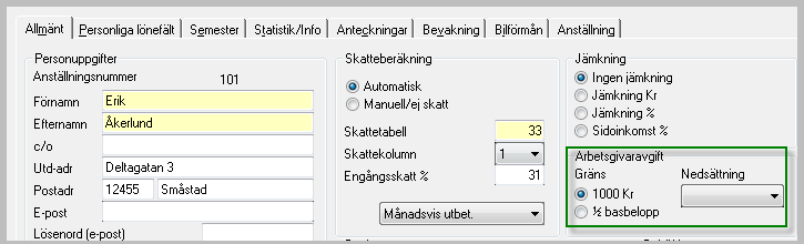 Om du av misstag i registret Anställda har markerat att gräns för arbetsgivaravgift på en anställd är ½ prisbasbelopp istället för 1 000 kr, kommer värdet i ackumulator 111 att vara högre än i ruta