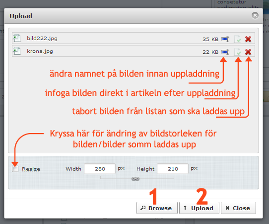 Infoga bild i artikeln: 1. Lägg markören i början av din text i HTML-editorn och klicka för att se att markören blinkar där. 2. Klicka på bilder ikonen som finns uppe på textredigeraren 3.