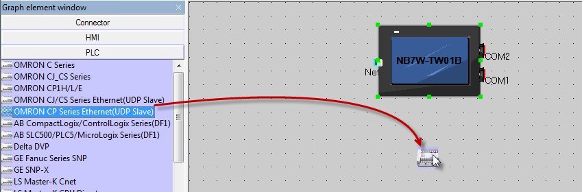 2. Lägg till NB varianten med Ethernet under fliken HMI till vänster. Dra in NB skärmen till det gråa fältet i mitten. 3.