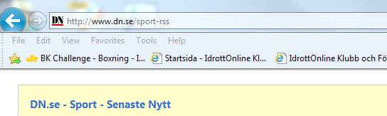För att veta adressen till RSS-flödet till sidan du vill hämta nyheter ifrån, gör följande: Gå till aktuell sida, i detta exempel vill vi följa DN.se sportnyheter.