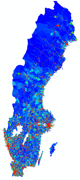 Figur 2. Fördelningen som används för emissioner av växthusgaser från personbilar under 2006 över södra Sverige. Fördelningen är baserad på emissioner från SIMAIR för år 2004.