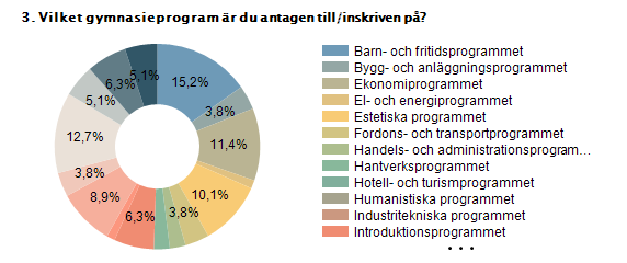 Procent Antal Barn- och fritidsprogrammet 15,2% 12 Bygg- och anläggningsprogrammet 3,8% 3 Ekonomiprogrammet 11,4% 9 El- och energiprogrammet 1,3% 1 Estetiska programmet 10,1% 8 Fordons- och