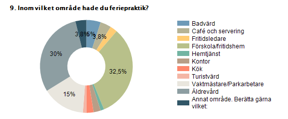 Procent Antal Badvärd 5% 4 Café och servering 3,8% 3 Fritidsledare 2,5% 2 Förskola/fritidshem 32,5% 26 Hemtjänst 1,2% 1 Kontor 2,5% 2 Kök 2,5% 2 Turistvärd 1,2% 1