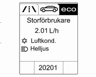 Instrument och reglage 91 Kvarvarande körsträcka LPG-version Visning av ungefärlig kvarvarande körsträcka med det bränsle som är kvar i respektive bränsletank för bensin och motorgas, tillsammans med