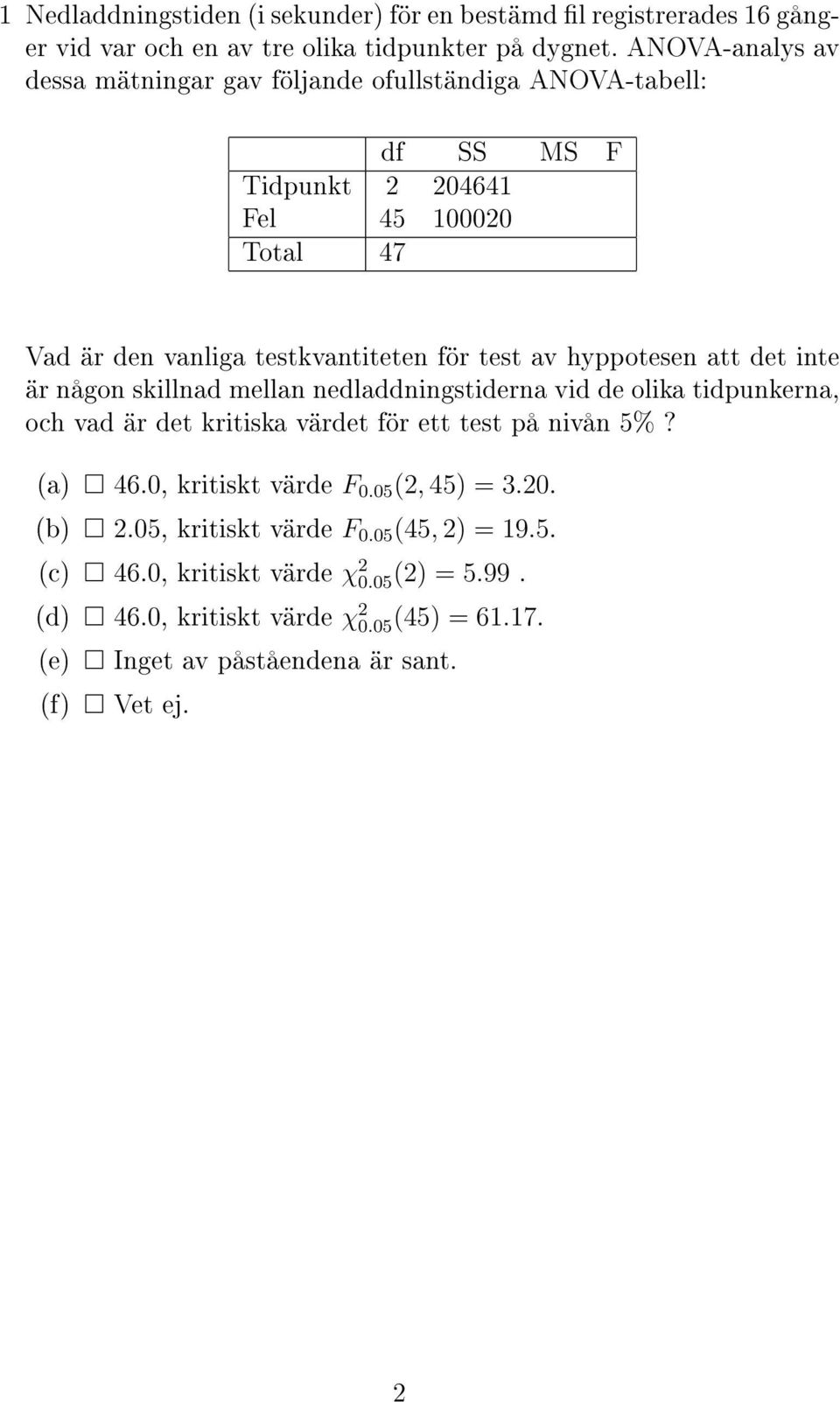 av hyppotesen att det inte är någon skillnad mellan nedladdningstiderna vid de olika tidpunkerna, och vad är det kritiska värdet för ett test på nivån 5%? (a) 46.