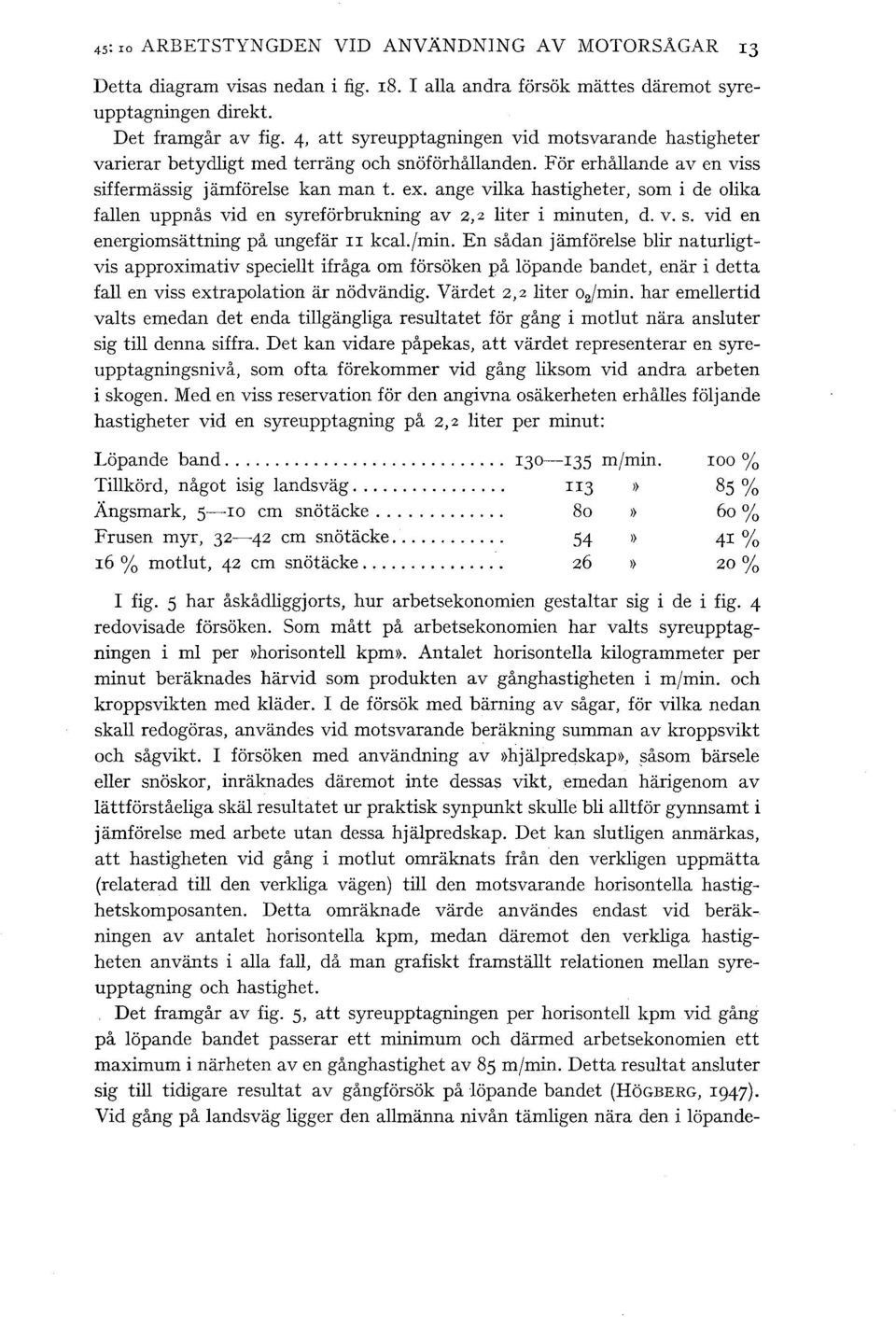 ange vika hastigheter, som i de oika faen uppnås vid en syreförbrukning av 2,2 iter i minuten, d. v. s. vid en energiomsättning på ungefär II kca./min.