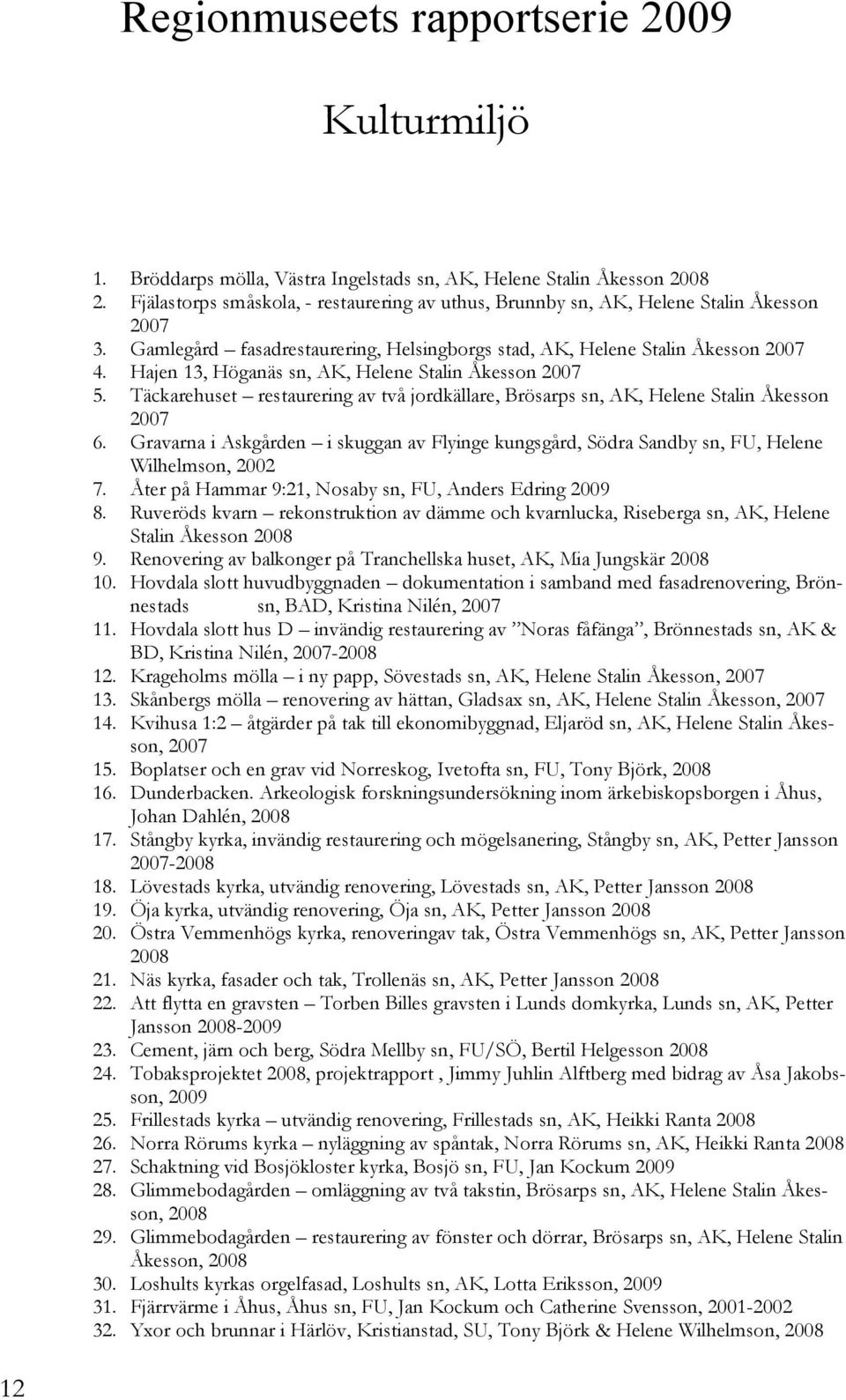 Hajen 13, Höganäs sn, AK, Helene Stalin Åkesson 2007 5. Täckarehuset restaurering av två jordkällare, Brösarps sn, AK, Helene Stalin Åkesson 2007 6.