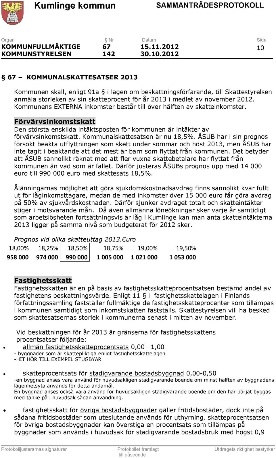 2012 67 KOMMUNALSKATTESATSER 2013 Kommunen skall, enligt 91a i lagen om beskattningsförfarande, till Skattestyrelsen anmäla storleken av sin skatteprocent för år 2013 i medlet av november 2012.