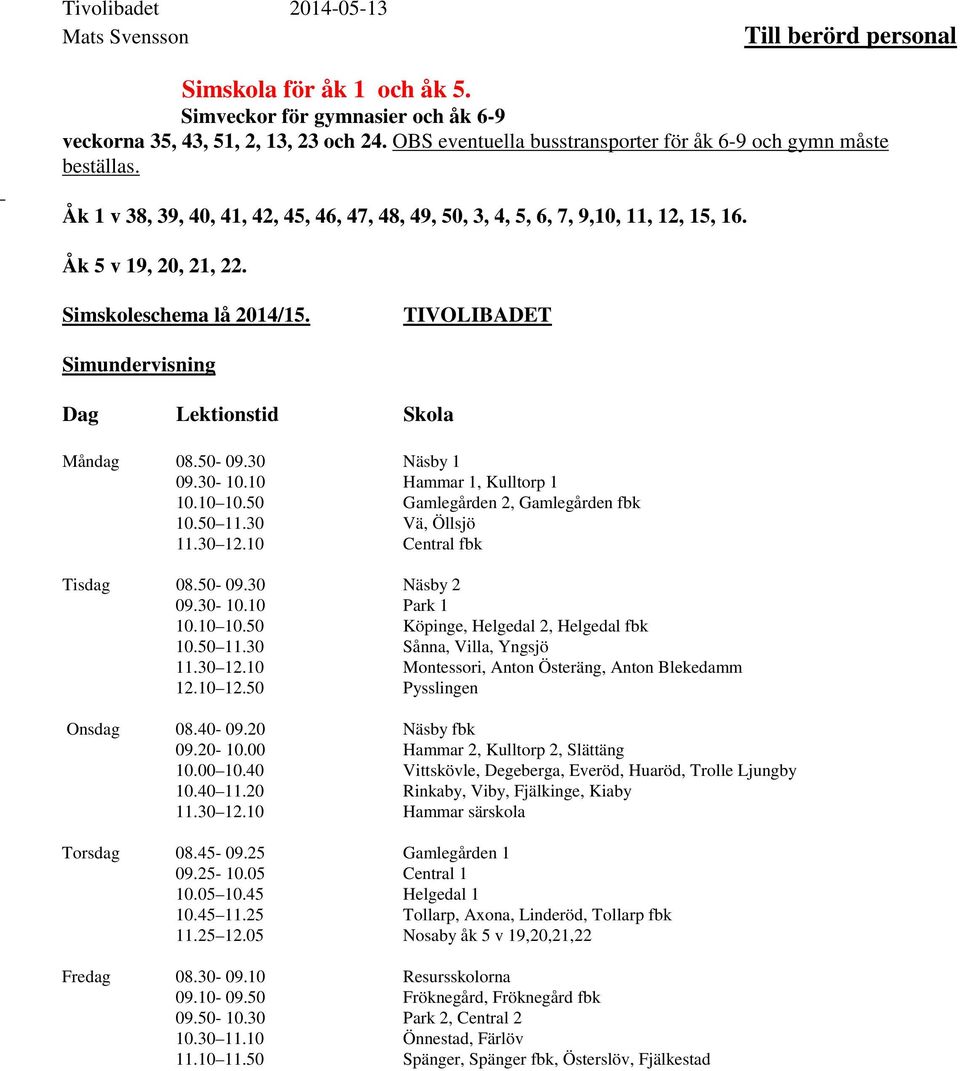 Simskoleschema lå 2014/15. TIVOLIBADET Simundervisning Dag Lektionstid Skola Måndag 08.50-09.30 Näsby 1 09.30-10.10 Hammar 1, Kulltorp 1 10.10 10.50 Gamlegården 2, Gamlegården fbk 10.50 11.