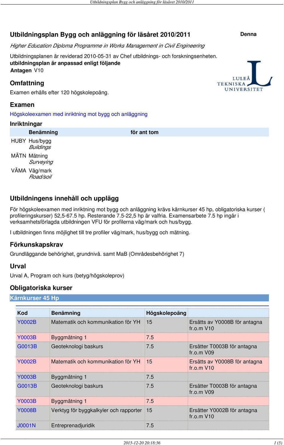 Examen Högskoleexamen med inriktning mot bygg och anläggning Inriktningar Benämning HUBY Hus/bygg Buildings MÄTN Mätning Surveying VÄMA Väg/mark Road/soil för ant tom Utbildningens innehåll och