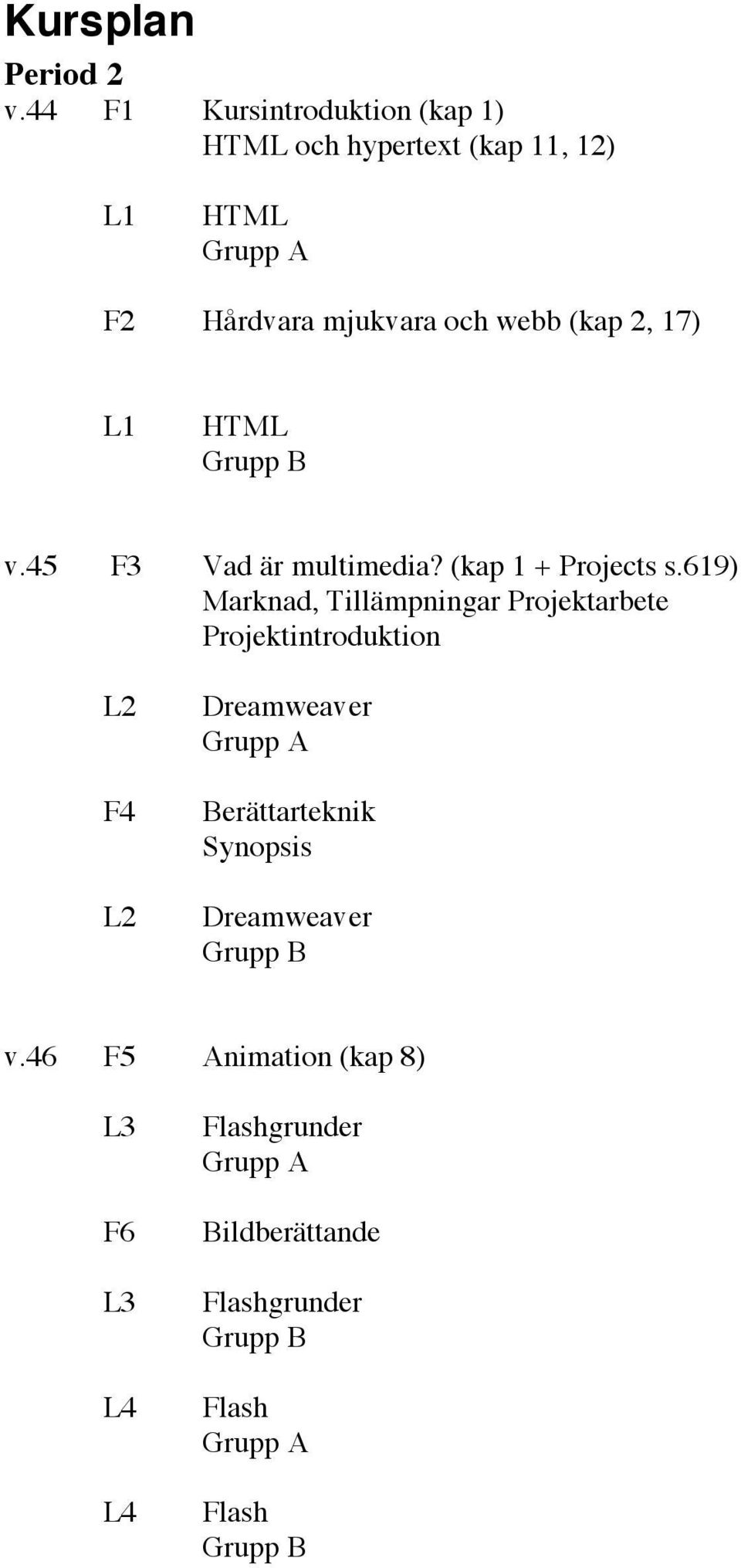 webb (kap 2, 17) L1 HTML v.45 F3 Vad är multimedia? (kap 1 + Projects s.