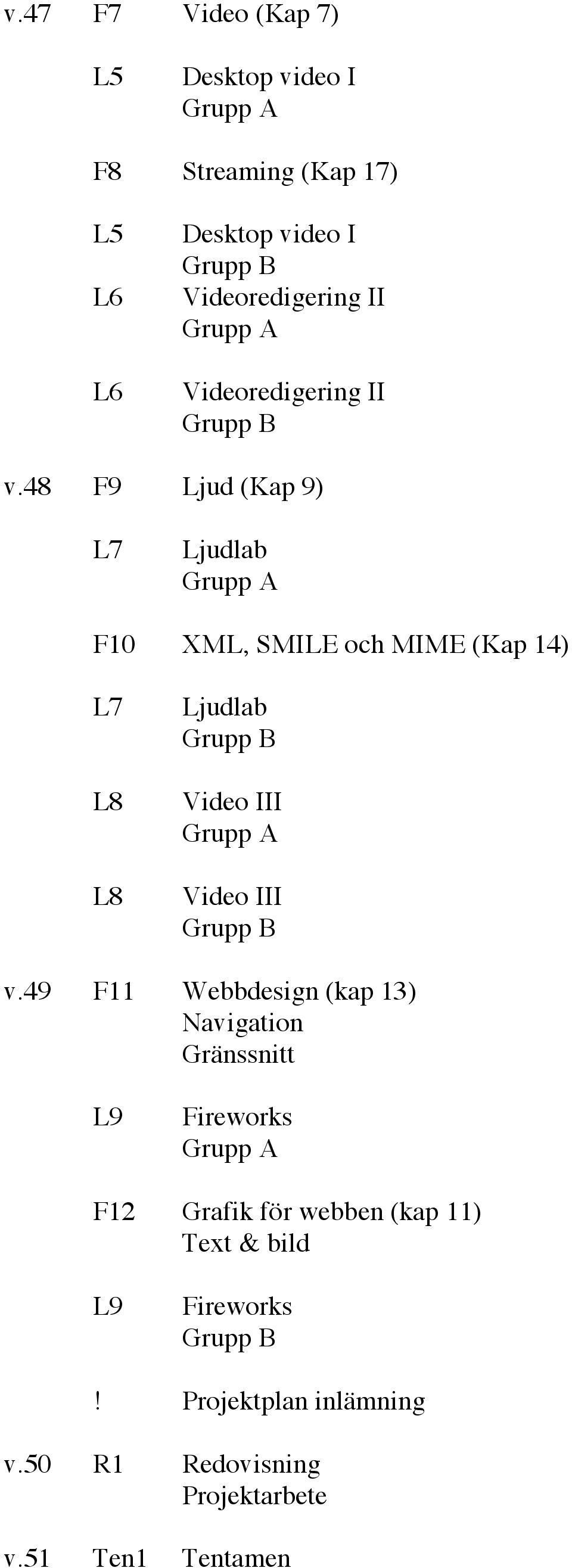 48 F9 Ljud (Kap 9) L7 Ljudlab F10 XML, SMILE och MIME (Kap 14) L7 L8 L8 Ljudlab Video III Video III v.