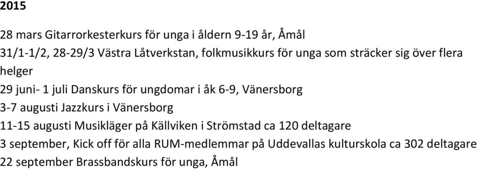 Vänersborg 3-7 augusti Jazzkurs i Vänersborg 11-15 augusti Musikläger på Källviken i Strömstad ca 120 deltagare