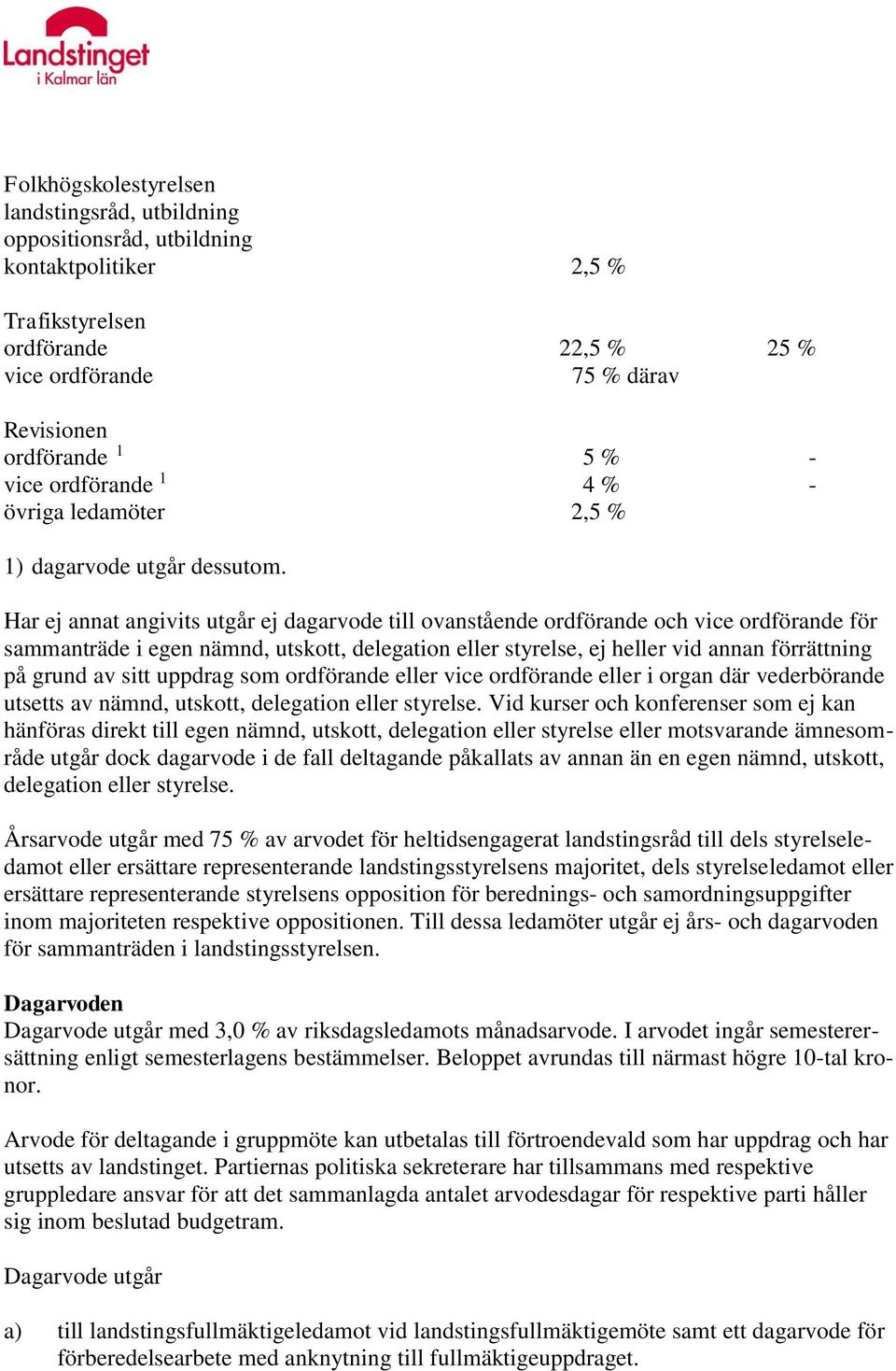 Har ej annat angivits utgår ej dagarvode till ovanstående ordförande och vice ordförande för sammanträde i egen nämnd, utskott, delegation eller styrelse, ej heller vid annan förrättning på grund av