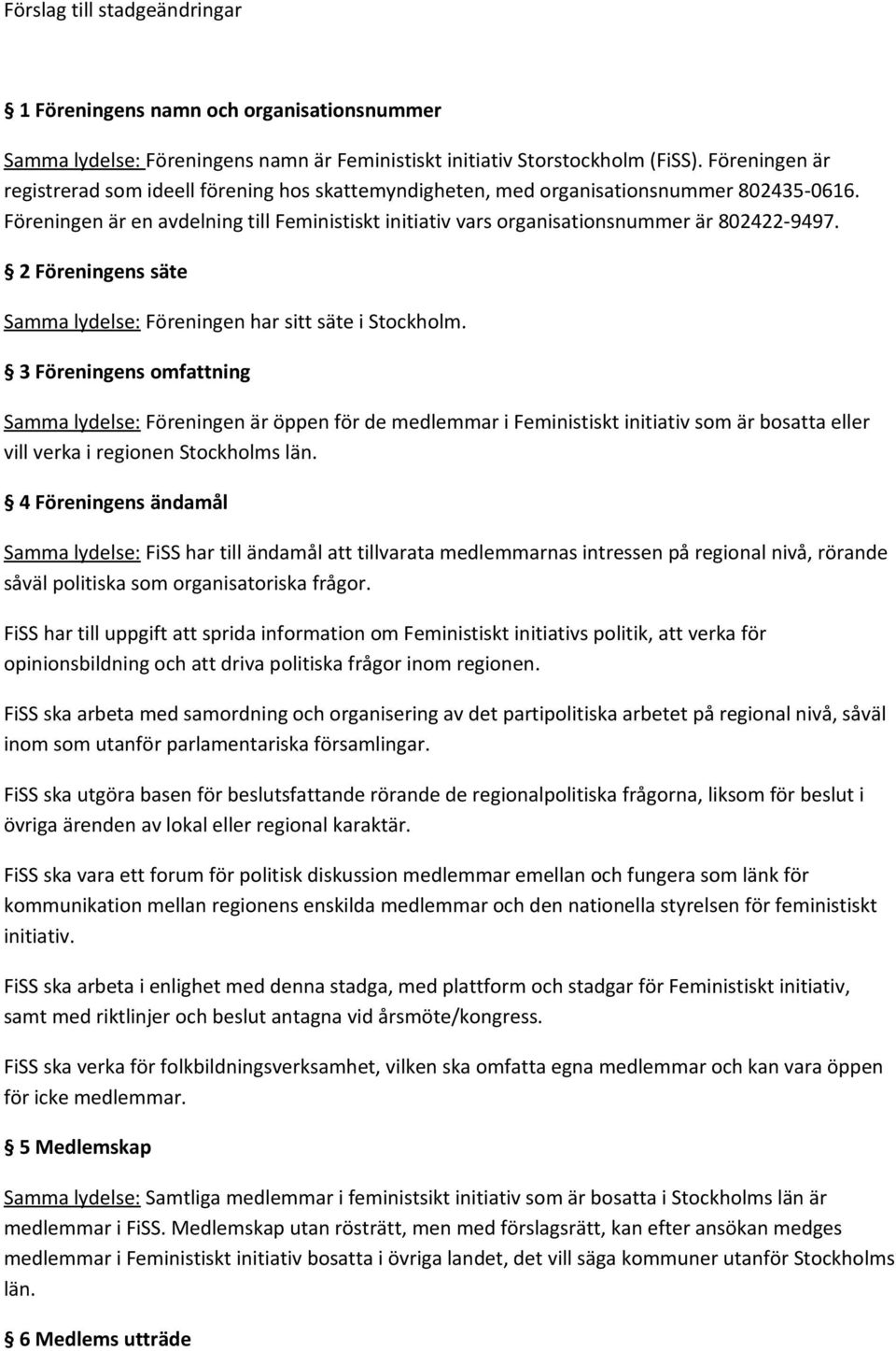 Föreningen är en avdelning till Feministiskt initiativ vars organisationsnummer är 802422-9497. 2 Föreningens säte Samma lydelse: Föreningen har sitt säte i Stockholm.