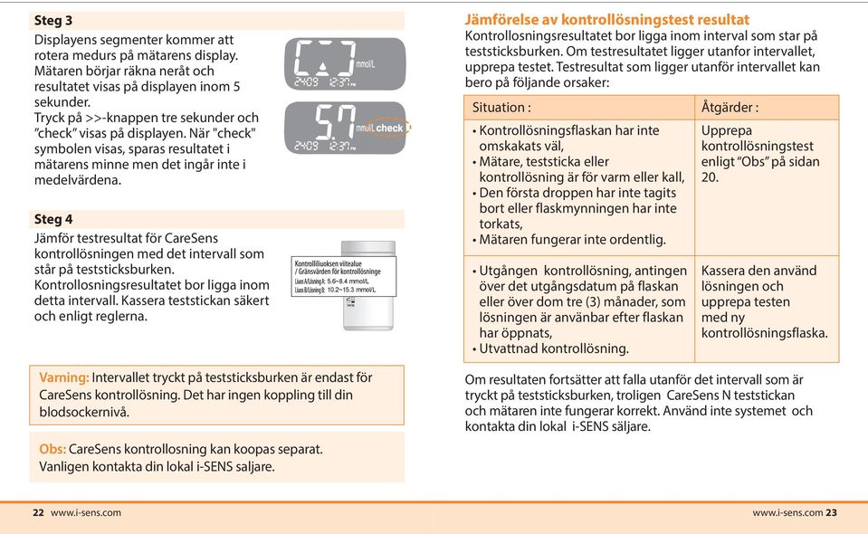 Steg 4 Jämför testresultat för CareSens kontrollösningen med det intervall som står på teststicksburken. Kontrollosningsresultatet bor ligga inom detta intervall.