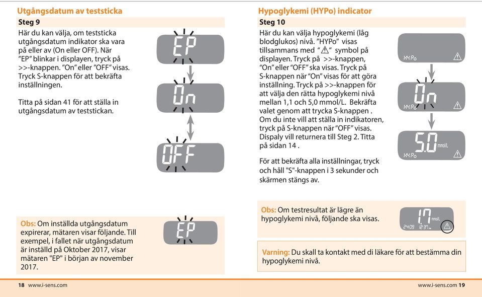 Hypoglykemi (HYPo) indicator Steg 10 Här du kan välja hypoglykemi (låg blodglukos) nivå. HYPo visas tillsammans med symbol på displayen. Tryck på >>-knappen, On eller OFF ska visas.