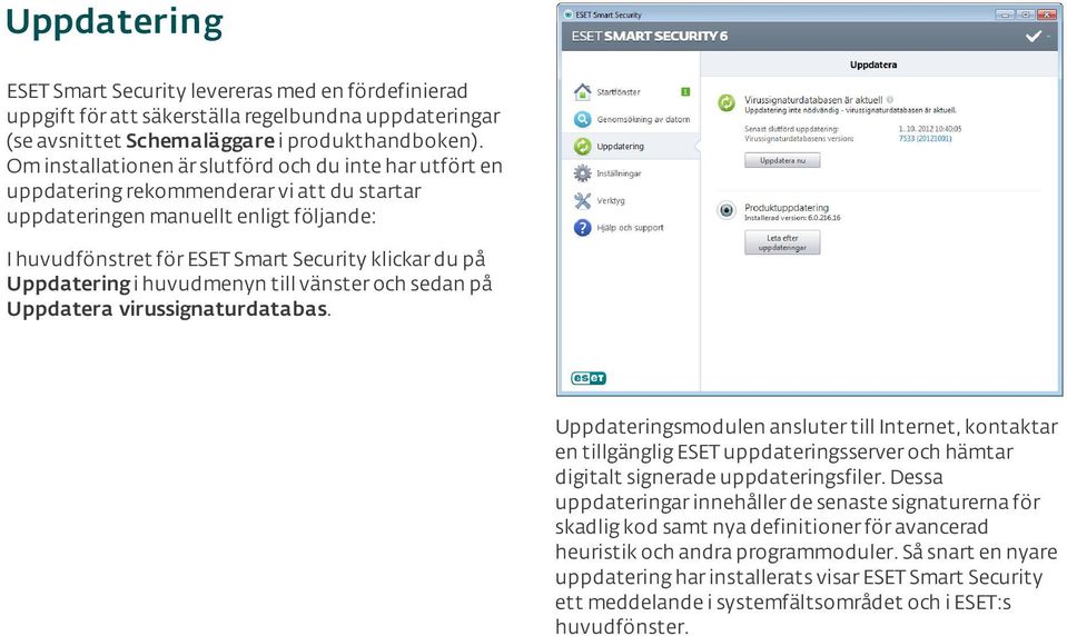 Uppdatering i huvudmenyn till vänster och sedan på Uppdatera virussignaturdatabas.