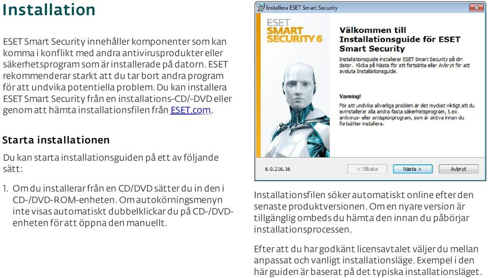 Du kan installera ESET Smart Security från en installations-cd/-dvd eller genom att hämta installationsfilen från ESET.com.