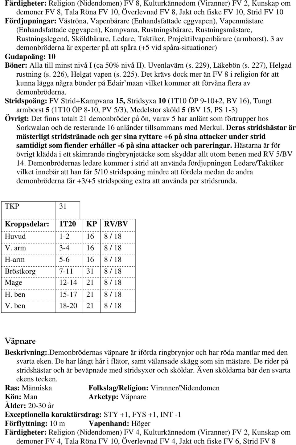 (armborst). 3 av demonbröderna är experter på att spåra (+5 vid spåra-situationer) Gudapoäng: 10 Böner: Alla till minst nivå I (ca 50% nivå II). Uvenlavärn (s. 229), Läkebön (s.