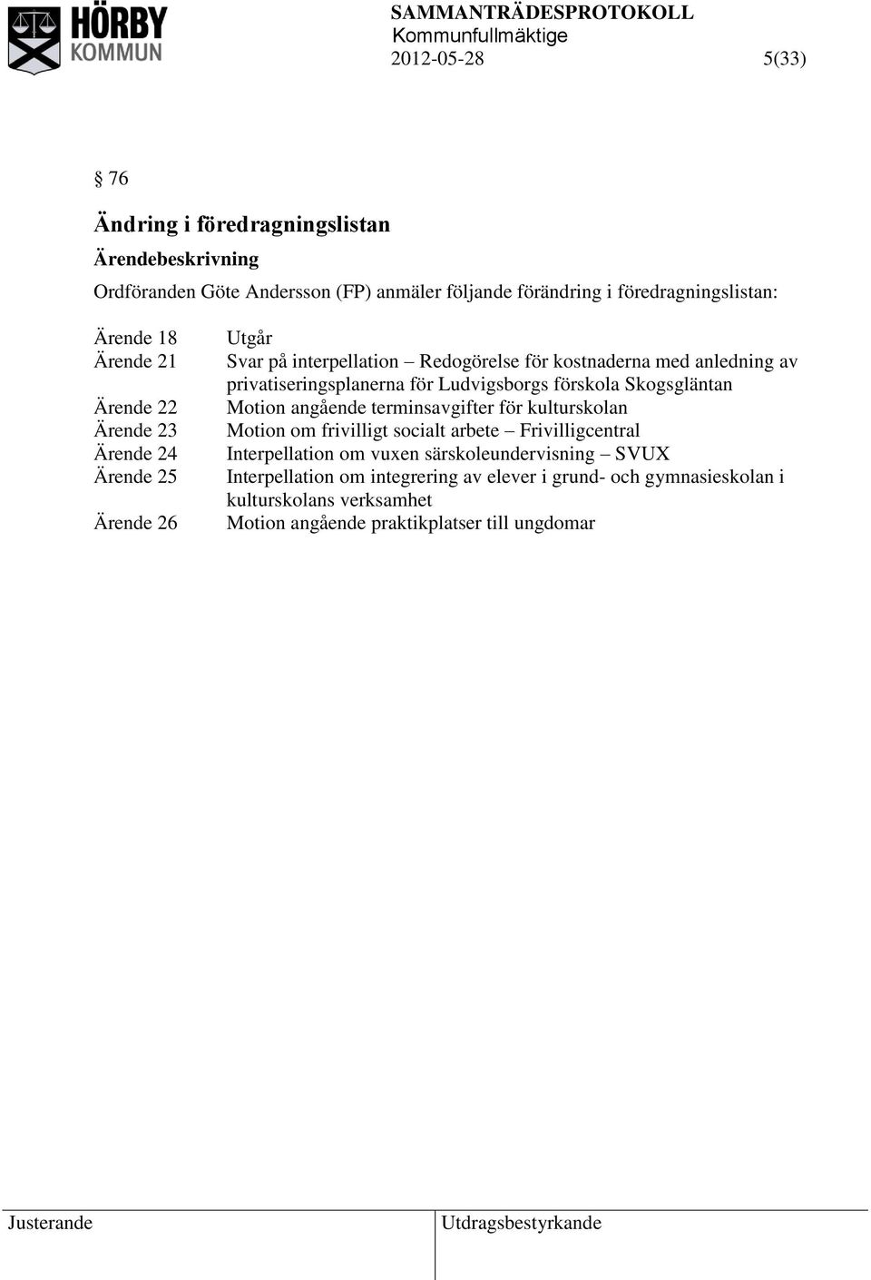 Ludvigsborgs förskola Skogsgläntan Motion angående terminsavgifter för kulturskolan Motion om frivilligt socialt arbete Frivilligcentral Interpellation om