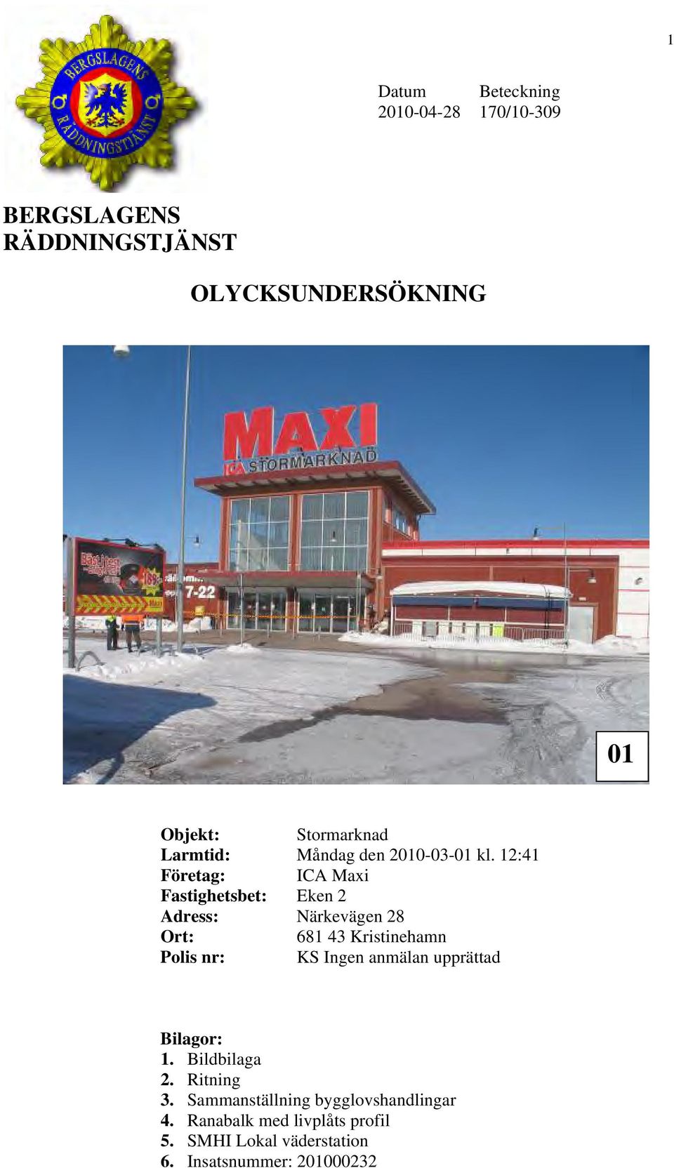 12:41 Företag: ICA Maxi Fastighetsbet: Eken 2 Adress: Närkevägen 28 Ort: 681 43 Kristinehamn Polis nr: KS
