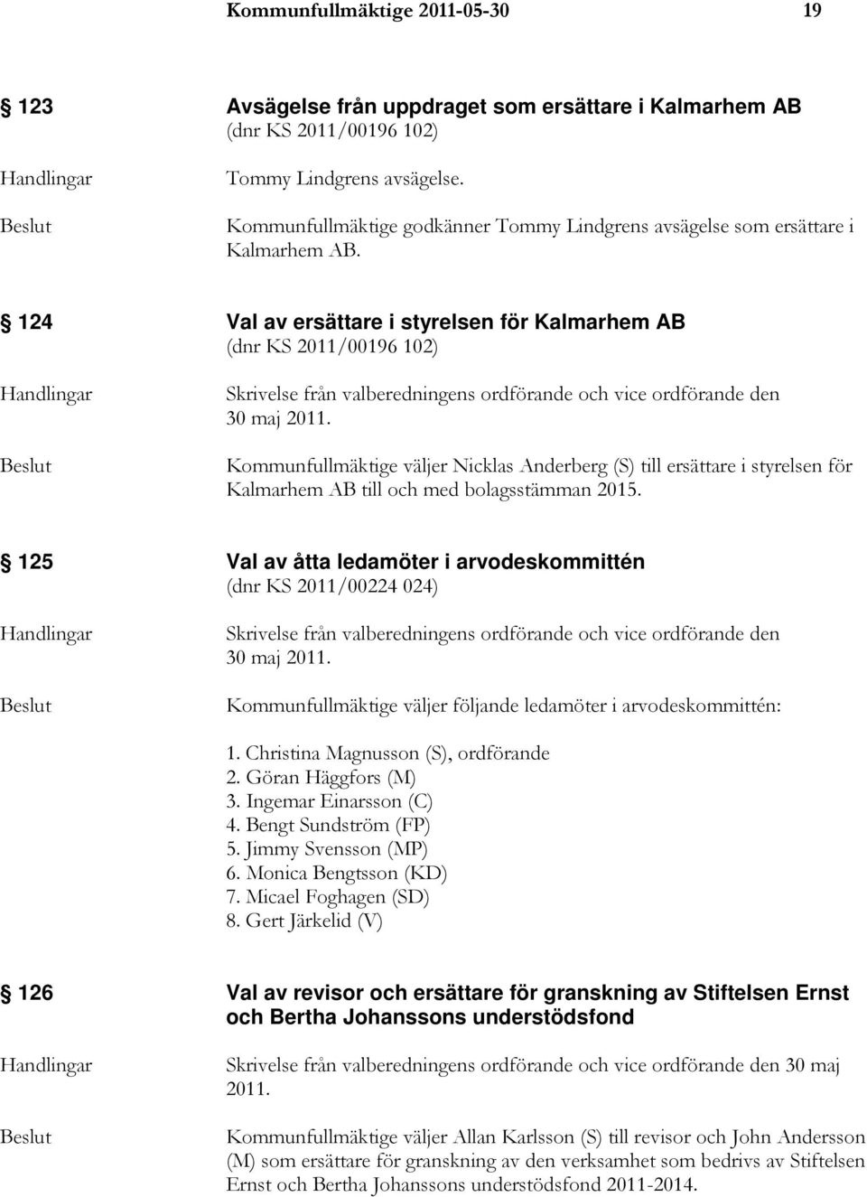 124 Val av ersättare i styrelsen för Kalmarhem AB (dnr KS 2011/00196 102) Handlingar Beslut Skrivelse från valberedningens ordförande och vice ordförande den 30 maj 2011.