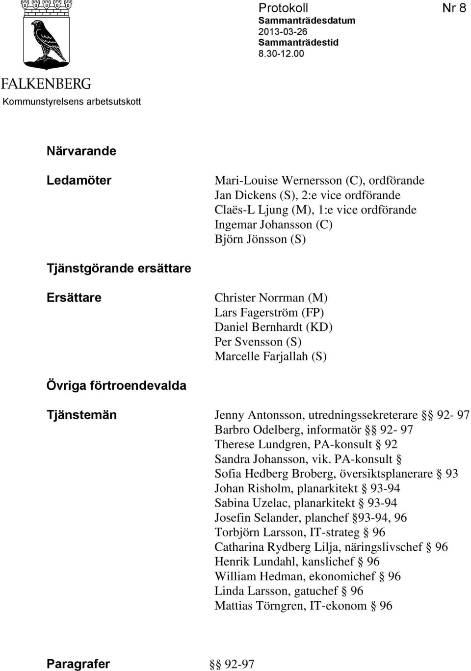 Jönsson (S) Tjänstgörande ersättare Ersättare Christer Norrman (M) Lars Fagerström (FP) Daniel Bernhardt (KD) Per Svensson (S) Marcelle Farjallah (S) Övriga förtroendevalda Tjänstemän Jenny