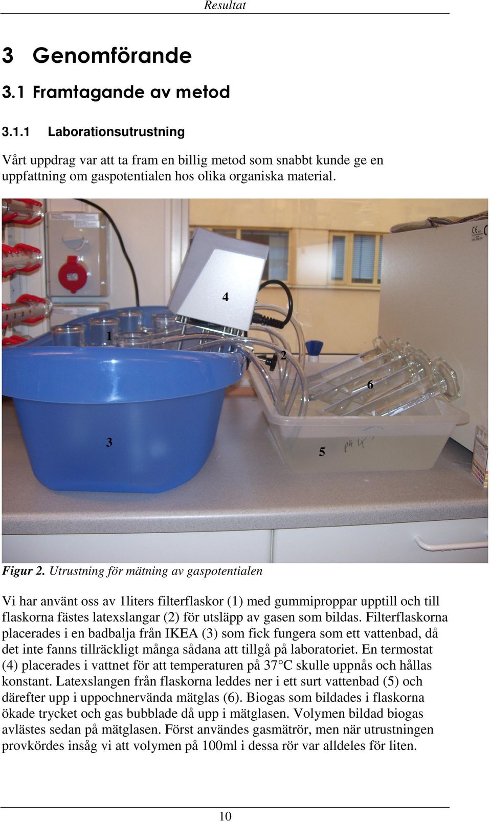 Utrustning för mätning av gaspotentialen Vi har använt oss av 1liters filterflaskor (1) med gummiproppar upptill och till flaskorna fästes latexslangar (2) för utsläpp av gasen som bildas.