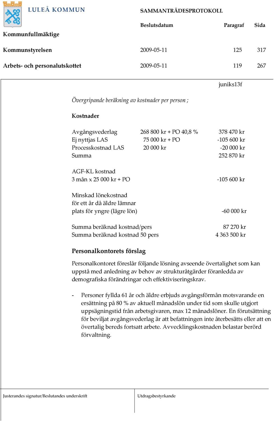 plats för yngre (lägre lön) Summa beräknad kostnad/pers Summa beräknad kostnad 50 pers -60 000 kr 87 270 kr 4 363 500 kr Personalkontorets förslag Personalkontoret föreslår följande lösning avseende