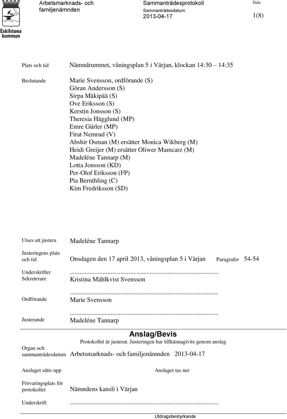Eriksson (FP) Pia Bernthling (C) Kim Fredriksson (SD) Utses att justera Madeléne Tannarp Justeringens plats och tid Onsdagen den 17 april 2013, våningsplan 5 i Värjan Paragrafer 54-54 Underskrifter.