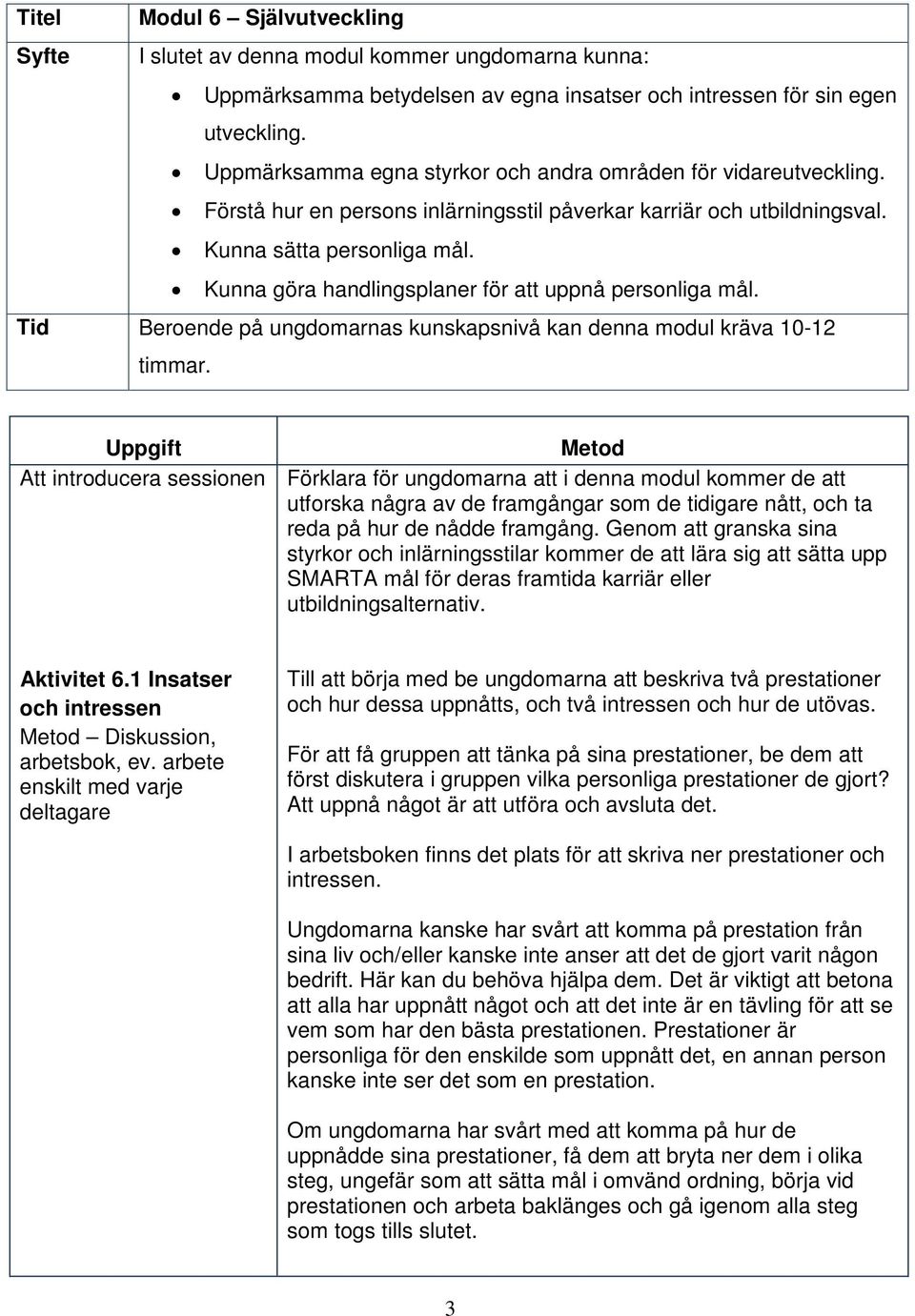 Kunna göra handlingsplaner för att uppnå personliga mål. Tid Beroende på ungdomarnas kunskapsnivå kan denna modul kräva 10-12 timmar.